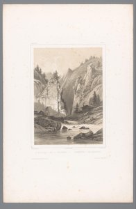 Zicht op een brug over een rotskloof in Telemark (Gezichten in Scandinavië) door Louis Julien Jacottet