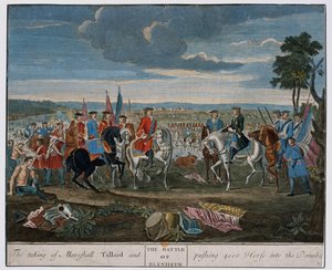 De gevangenneming van maarschalk Tallard en het drijven van 4000 paarden in de Donau bij de Slag bij Blenheim in 1704, c.1760 door Louis Laguerre