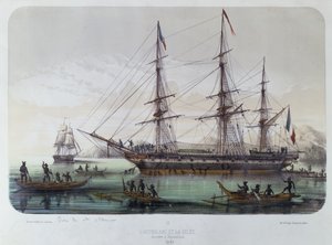 De Astrolabe en Zelee bezoeken Nuku Hiva-eiland in de Franse Marquesaseilanden door Louis Le Breton