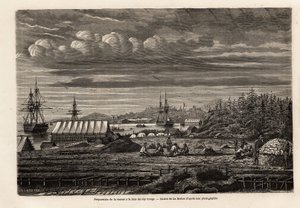 Voorbereiding van kabeljauw in de baai van Cap Rouge, het schoonmaken van de vis en het verzamelen van levers om olie te winnen, vervolgens zouten in de hut op palen, tekening door Lebreton, ter illustratie van de reis naar Newfoundland in 1860 door A. de  door Louis Le Breton