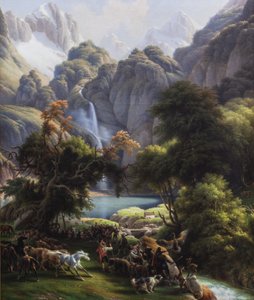 Berenjacht naar de Oo-meer waterval (olieverf op doek)