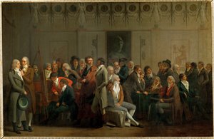Een groep kunstenaars in de studio van Isabey ... door Louis Leopold Boilly
