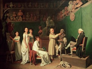 Jean Antoine Houdon beeldhouwt de buste van Pierre Simon Marquis de Laplace in aanwezigheid van zijn vrouw en dochters, 1804