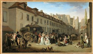 De aankomst van een koets op de binnenplaats van de Messageries, rue Notre-Dame-des-Victoires, in Parijs ... door Louis Leopold Boilly