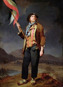 Portret van zanger Simon Chenard in sans-culotte kostuum met vlag op het feest van de vrijheid van Savoye, 14 oktober 1792