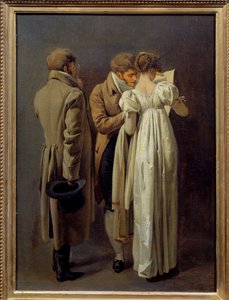 Prentliefhebbers Jonge mensen gekleed in de mode van het Eerste Keizerrijk bekijken een prent door Louis Leopold Boilly