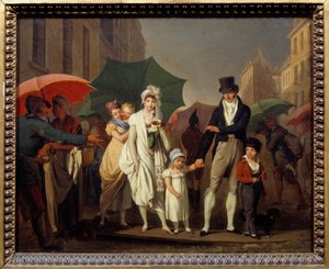 De Bourgeois in Parijse Premier Empire mode beschermt zich tegen de regen. Schilderij door Louis leopold Boilly (1761-1845) 19e eeuw
