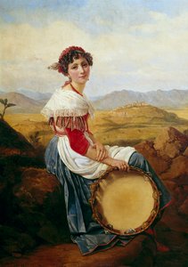 Portret van een boer uit het platteland van Rome Een jonge Italiaanse muzikant met een tamboerijn