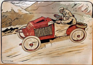 Automobiel: een raceauto. Marcel Renault (1872-1903) en Rene Vauthier steken de Alpen over tijdens de race PARIJS-WENEN in 1902 in auto 147. Lithografie door Louis Lucien Faure Dujarric (1872-?), 20e eeuw. Conservatoire national des Arts et Metiers, Parijs