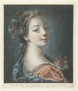 Buste van een jonge vrouw met een strik in het haar