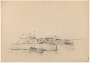 Huizen en twee schepen bij de kust door Louis Meijer