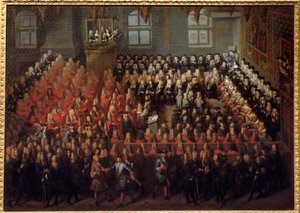 Bed van Justitie gehouden door Lodewijk XV (1710-1774) in de Grote Kamer van het Parlement van Parijs om de wil van Lodewijk XIV (1638-1715) te breken door Louis Michel Dumesnil