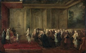 De ontvangst van Cornelis Hop (1685-1762) als gezant van de Staten-Generaal aan het hof van Lodewijk XV, 24 juli 1719 door Louis Michel Dumesnil