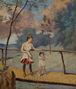 Twee meisjes op een houten brug door Louis Michel Eilshemius