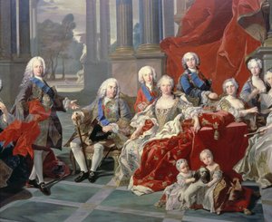De familie van Filips V van Spanje (1683-1746) detail met de koning, zijn tweede vrouw Elizabeth Farnese en de toekomstige Ferdinand VI door Louis Michel van Loo