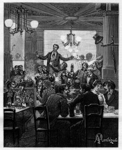 In het midden, op een tafel, leidt Desroches de charivari. Scène in een Parijse café: mensen zingen, drinken, roken, praten en flirten rond tafels. In 