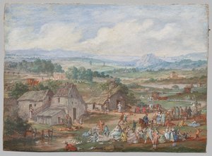 Een groep picknickend bij een dorp door Louis Nicolas van Blarenberghe