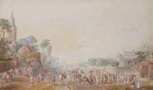 De hertog van Penthievre met Benjamin Franklin aan zijn rechterzijde bij een review van zijn vrijwilligersregiment naast zijn kasteel in Rambouillet door Louis Nicolas van Blarenberghe