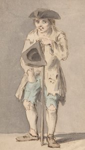 Bedelaar met staf die een driekantige hoed vasthoudt door Louis Philippe Boitard
