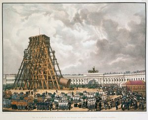 Het oprichten van de Alexanderzuil in Sint-Petersburg