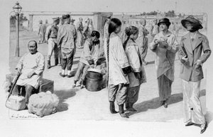 Chinese en Europese reizigers van de Trans-Siberische tijdens een tussenstop. 1913. Ill. de Sabatier