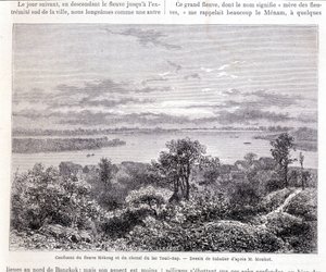 Samenvloeiing van de Mekong-rivier en het Touli-meerkanaal - slap. Tekening door Sabatier volgens Mr. Mouhot. Tour du monde door Louis Remy Sabatier