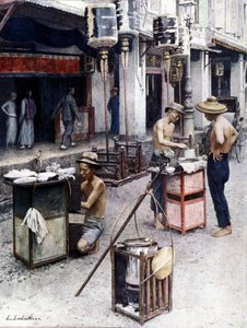 Mobiele restaurants in Chinatown van Singapore. Illustratie door L. Sabatier. 19e eeuw.