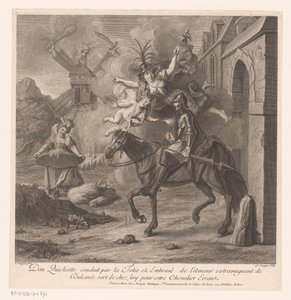 Don Quichot verlaat begeleid door de Dwaasheid zijn huis om dolend ridder te worden door Louis Surugue