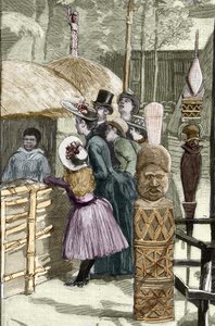 Exposition Universelle 1889 - Het Canaque-dorp op de Esplanade des Invalides (de Canaques tentoongesteld tijdens de tentoonstelling: Menselijke dierentuin) - Tekening door Louis Tinayre (1861-1942) - in 