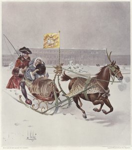 Een man en een vrouw rijden op een paardenslee