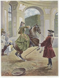 Een vrouw die een paard berijdt dat steigert voor een man met een zweep