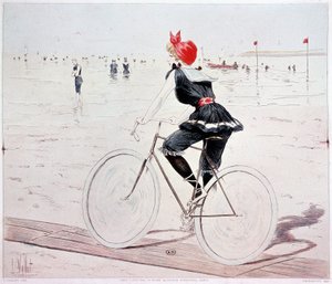 Vrouw op een fiets op het strand - tekening door L. Vallet door Louis Vallet