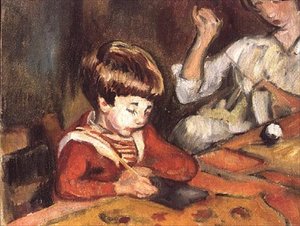 Kleine jongen die zijn huiswerk maakt