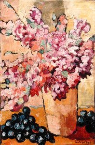 Stilleven met Bloemen en Zwarte Druiven door Louis Valtat