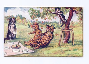 Victoriaanse wenskaart van appels die op twee katten vallen tijdens een picknick, ca. 1880