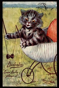 Diabolo. Zelfs een baby speelt ermee. Dieren in menselijke houding. Kitten speelt met een diabolo in zijn wieg. Ansichtkaart. Chromolithografie van Louis Wain (1860-1939), Engelse kunstenaar bekend om zijn weergave van katten met grote ogen. Begin 20e eeuw
