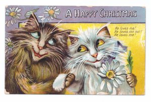 Edwardiaanse kerstkaart van twee aanhankelijke katten, ca. 1910