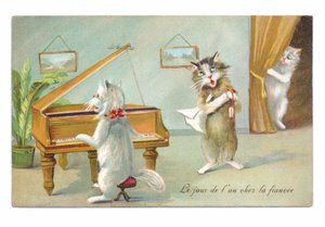 Edwardiaanse ansichtkaart van een kat die piano speelt en de andere zingt terwijl een derde gluurt, ca. 1910 door Louis Wain