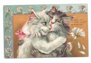 Edwardiaanse ansichtkaart van twee katten die elkaar omhelzen, ca. 1910