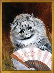 De flirt met de waaier (aquarel) door Louis Wain