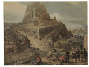 Koning Nimrod beveelt de bouw van de Toren van Babel door Louis de (circle of) Caullery