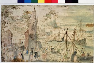 Zicht op een haven. Nederlandse haven. 17e eeuw