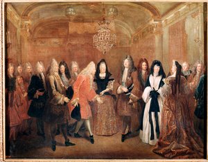Koning van Frankrijk Lodewijk XIV ontvangt prins Frederik Augustus I in het kasteel van Fontainebleau door Louis de Silvestre