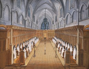 Port-Royal des Champs Abdij, koor van nonnen in kerk (tekening)