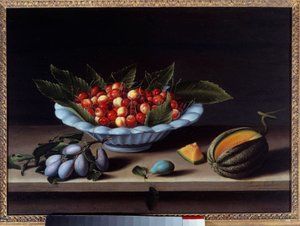 Kom met kersen, pruimen en meloen door Louise Moillon