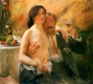 Zelfportret met naakte vrouw en glas