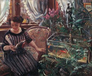 Een vrouw die leest bij een goudvissenkom, 1911