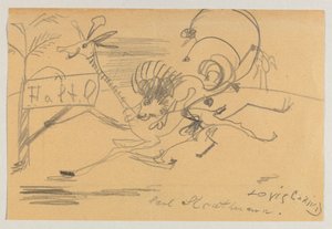 Tekening op bedrukt papier van Corinth aan Strathmann