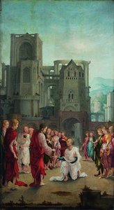 Christus overhandigt de sleutels aan St. Petrus door Lower Rhenish pupil of Wolf Huber