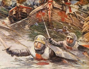 Illustratie voor verhalen over de kruistochten (kleurenlitho)